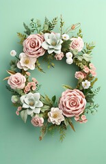 floral wreath flowers on mint background with floral flowers, generative ai