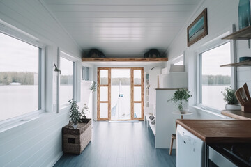 A kitchen with a sink and a window. AI generative. Tiny house, houseboat interior.