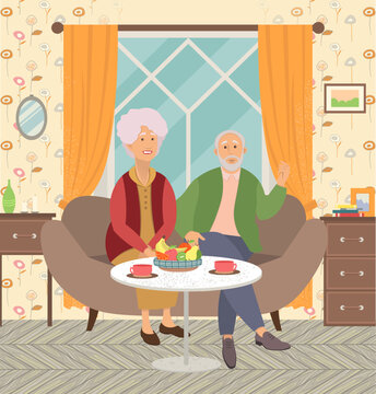 Tasty dinner at home flat vector illustration. Elderly couple is eating fruit and drinking the tea. Gentleman and lady are sitting on couch cartoon characters. Joint nutrition in the apartment