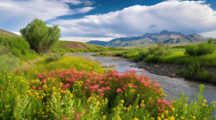 Stunning beauty of nature's vibrant landscape with lush greenery, colorful wildflowers, and a clear, blue sky with fluffy clouds into your shot. Generative AI