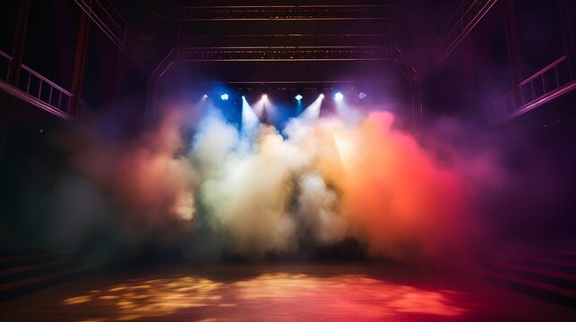 Vibrant stage in the glow of colored spotlights, with smoke adding an air of mystery and drama. The image captures the anticipation and excitement inherent in live performances. Generative AI