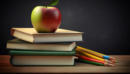 Apple On Stack Of Books With Pencils And Blank Chalkboard - Back To School