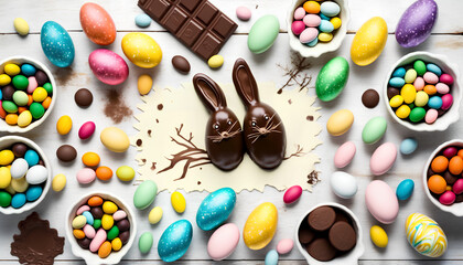 Fototapeta na wymiar Easter candy table scene. Above view over a white wood banner background. Chocolate bunnies