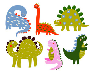 Dinosaurs set of vector illustrations. Cute colored dino.