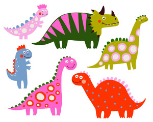 Dinosaurs set of vector illustrations. Cute colored dino.