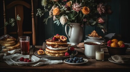Obraz na płótnie Canvas pancakes on a wooden table. Generative AI