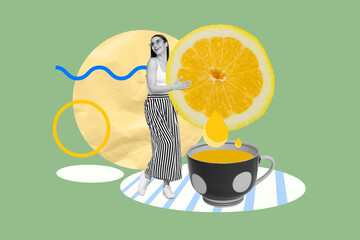 Fototapeta Magazine advert collage of lady traveler have rest drink with friends squeeze lemon in her tea lemonade obraz