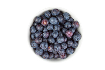 top down view of small white bowl filled with blueberries, transparent background PNG