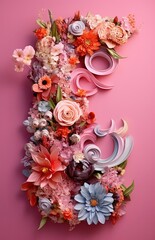 flowers arranged into the shape of a letter s on a pink wall, generative ai