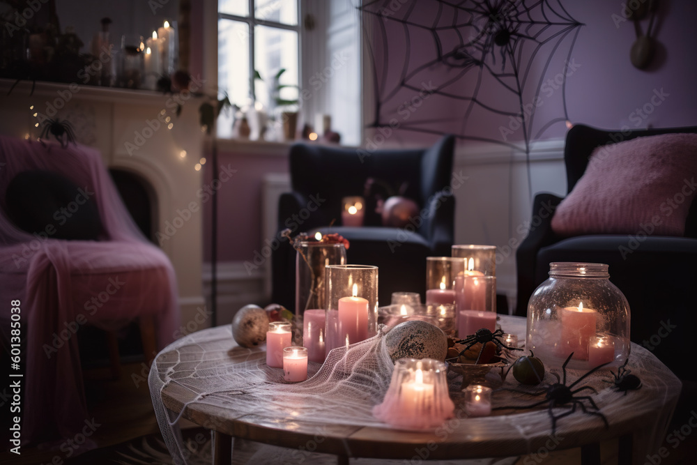 Aufkleber a table topped with lots of candles next to a couch. ai generative.