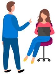 Obraz premium Elegant man and woman are talking. Girl works on a laptop. People communicate flat vector illustration. Male character giving instructions to a working employee. Persons isolated on white background