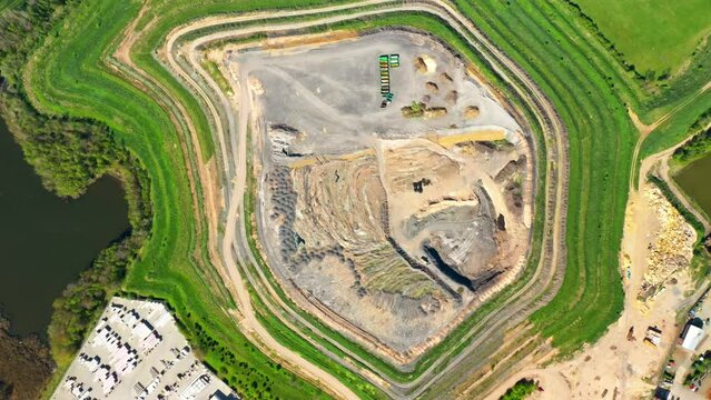 Aerial view of recultivated  landscape after coal mining. Dump from old underground mine. Green deal concept. Back to nature. Western Bohemia, Czech Republic, European Union.
