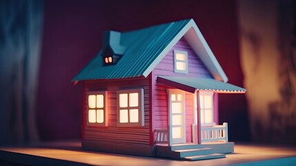 cute paper art of tiny minimalist house a tilt-shift effect, in a studio with solid color background. image for real estate communication. generative AI illustration