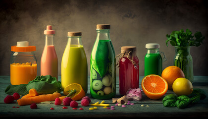 Various colourful fresh raw ingredients and already blended mix in a bottles for individual consumption are on the kitchen table surface