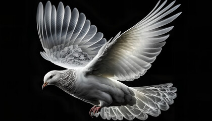 white dove flying in a black sky