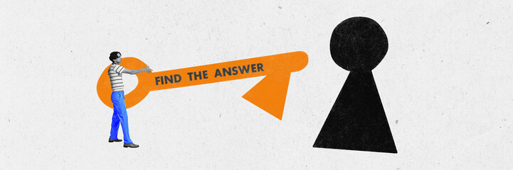 Contemporary art collage with businessman holding huge key trying to find the answer for business questions over pink background