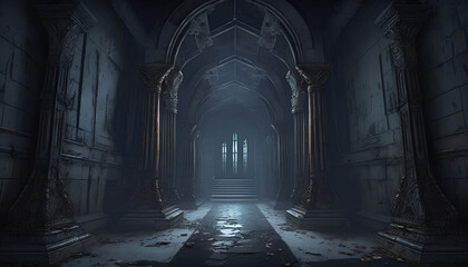 Dark Hallway Leading to Crypts and Coffins - Abandoned Mausoleum - obrazy, fototapety, plakaty