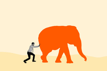 Businessman pushing an elephant collage in magazine style