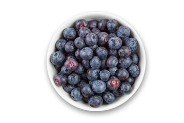 top down view of small white bowl filled with blueberries isolated on white background