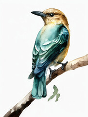 Watercolor illustration of a little bird on the branch.