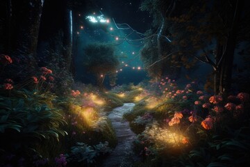 Fototapeta na wymiar forest with path at night. Generative AI