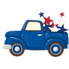 Vintage blue truck loaded with American flag color stars, 4th of July 