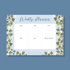 Printable weekly planner concept with green gooseberry plant illustration, vector