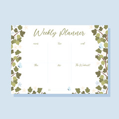 Printable weekly planner concept with green gooseberry plant illustration, vector