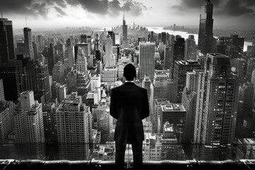 Fototapeta na wymiar Black & White photo of a successful businessman standing on the top of a building while looking at the skyscraper cityscape.