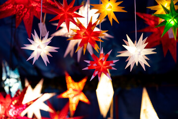 Colorful Moravian stars at Christmas market in Dresden. 