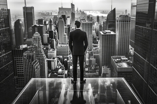 Black & White photo of a successful businessman standing on the top of a building while looking at the skyscraper cityscape.
