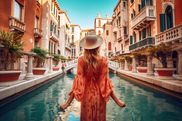The beautiful tourist young woman taking pictures in the wonderful and cozy European cities .