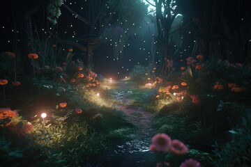 a mystical forest with glowing flowers