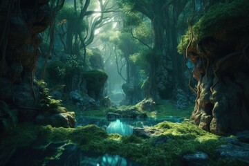 a mystical forest with towering trees. Generative AI