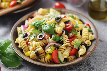 A bowl with traditional Italian pasta salad - obrazy, fototapety, plakaty