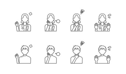 ネガティブな感情の医師と看護師のイラスト。シンプルな線画のアイコンセット。