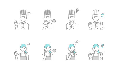 ネガティブな感情のシェフとエプロン姿の女性のイラスト。シンプルな線画のアイコンセット。