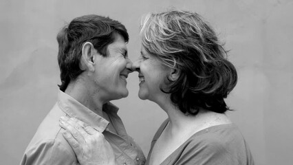 Happy gay senior lesbian couple kissing outdoors - Diversity lgbtq family love - Black and white editing