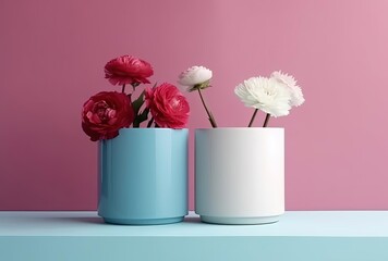flowers in two pink and white containers, generative ai