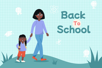 Back to school flat background African American mother walking her daughter to school