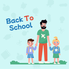Back to school flat background father takes daughter to son to school