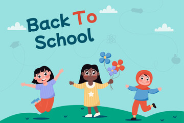 Back to school flat background with international children