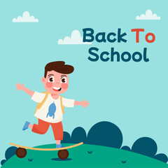 Back to school flat background with boy on skateboard