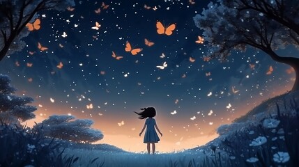 Fototapeta na wymiar A beautiful girl in a dark magical meadow with butterflies. Generative AI.