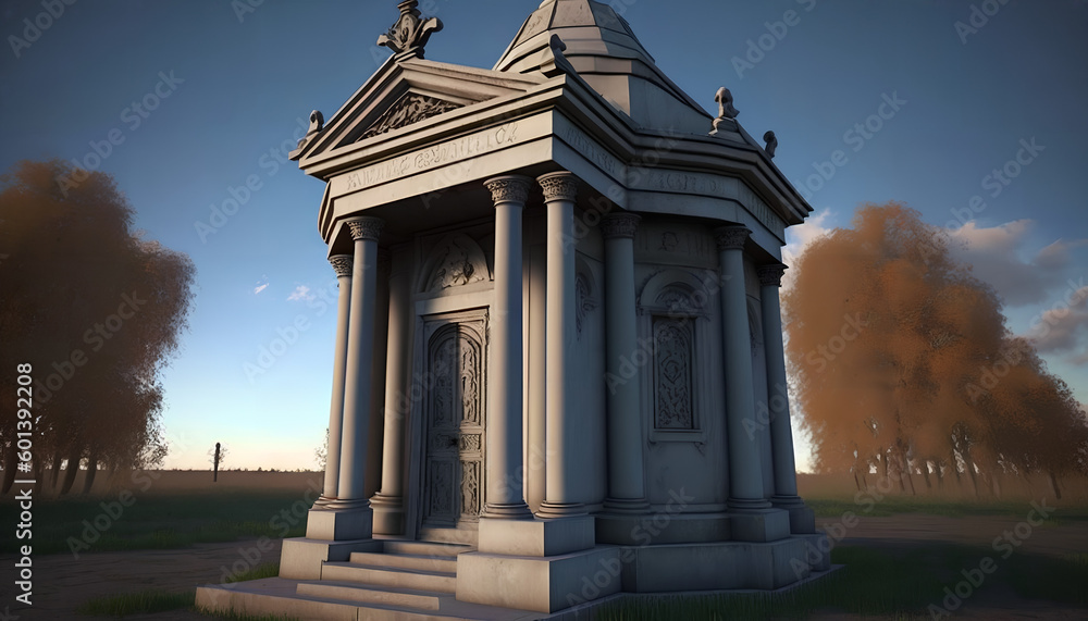 Poster mausoleum. a small building with trees growing on it