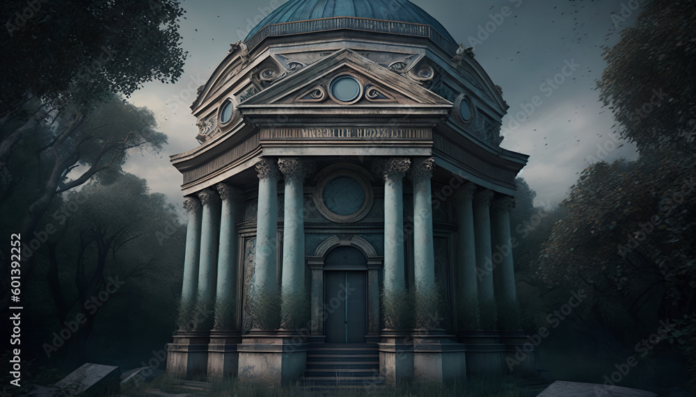 Poster mausoleum. a small building with trees growing on it