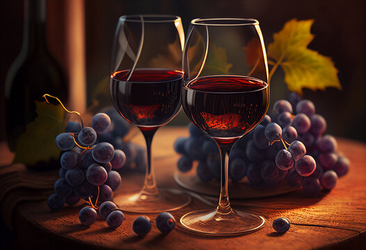 Two glasses with red wine and a bunch of grapes. AI Generated