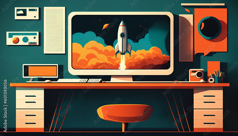 Poster rocket office desk worker blast off marketing and sales graphics trichromatic color scheme for graph