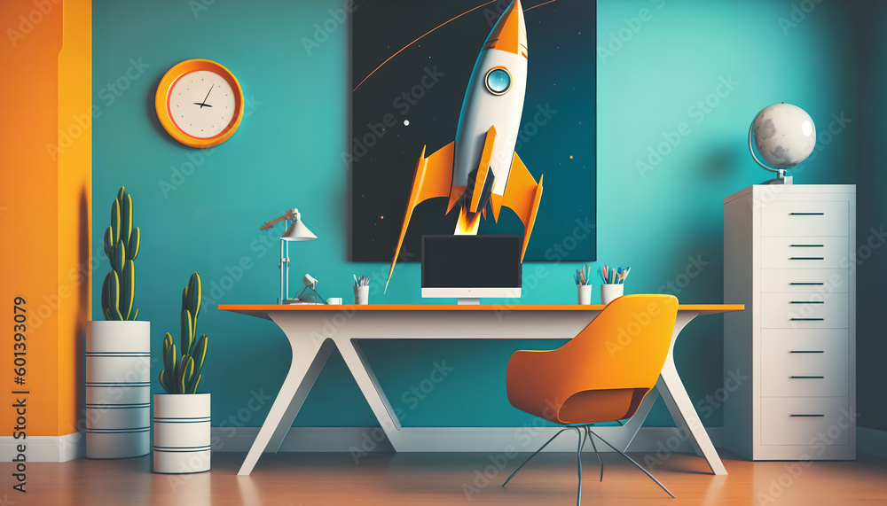 Poster rocket office desk worker blast off marketing and sales graphics trichromatic color scheme for graph