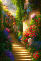 Fototapeta premium An old town full of summer flowers oil painting, nostalgic beautiful art illustration. Generative Ai.